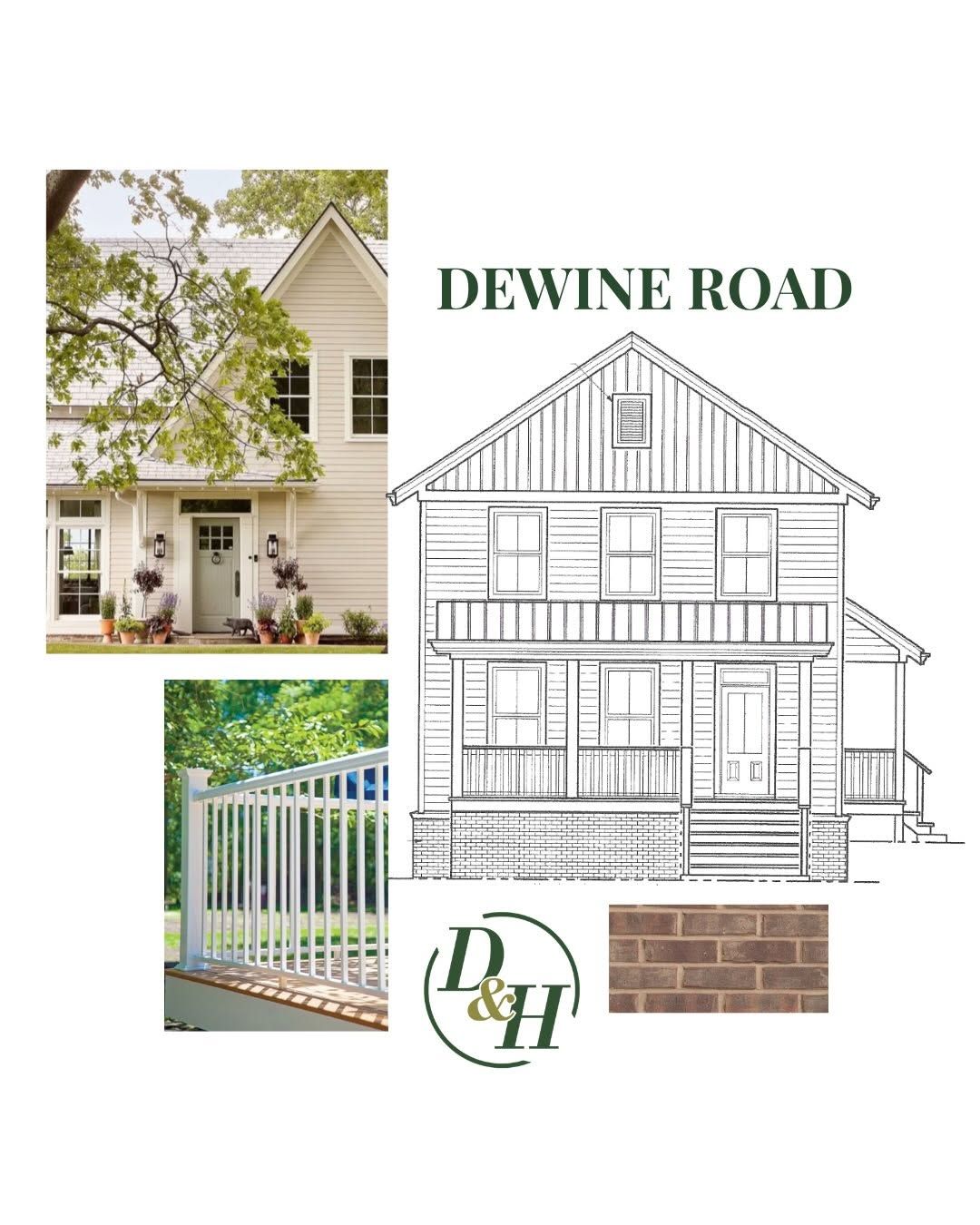 Selections board for Dewine Road: front elevation drawing, porch, brick, and the D&H seal
