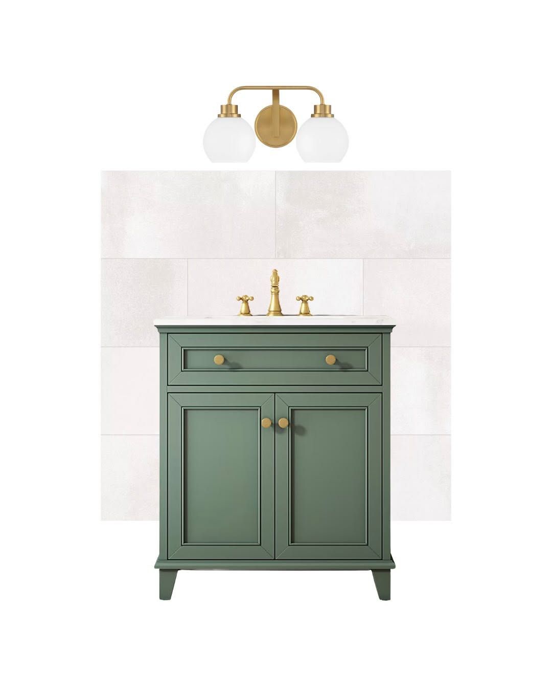 Selections board: sage green vanity, white tile, brass faucet and globe sconce