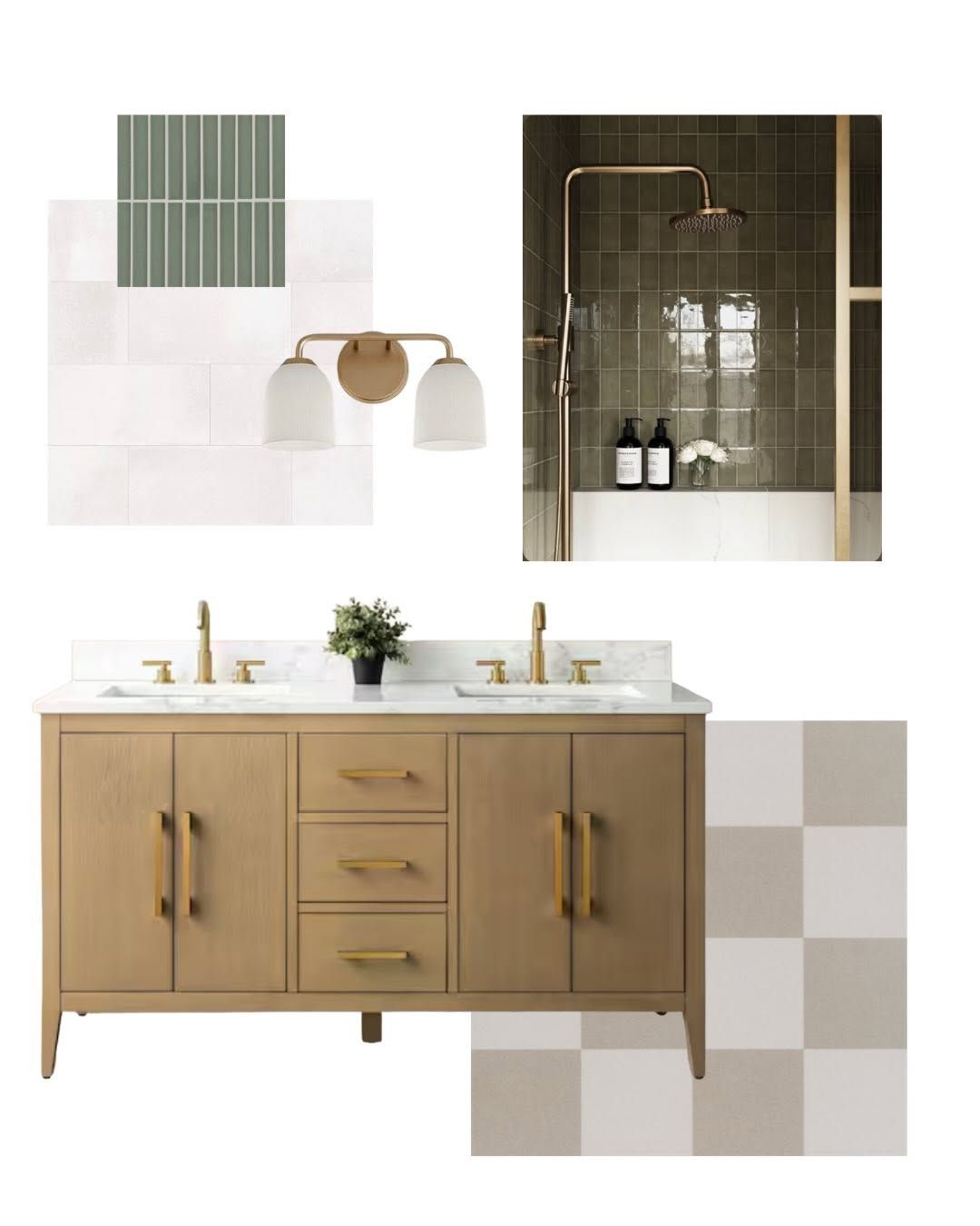 Selections board: white oak double vanity, green stacked tile, checkerboard floor tile, brass shower fixtures